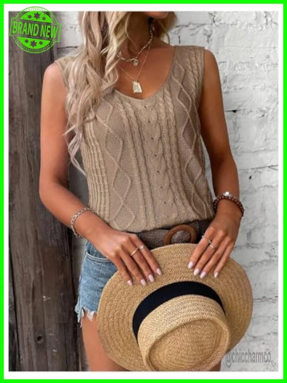 V-Neck Cable Knit Sweater Vest Sleeveless Tank Top